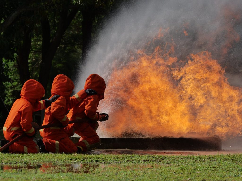 Wide view of a foam attack on a large fire